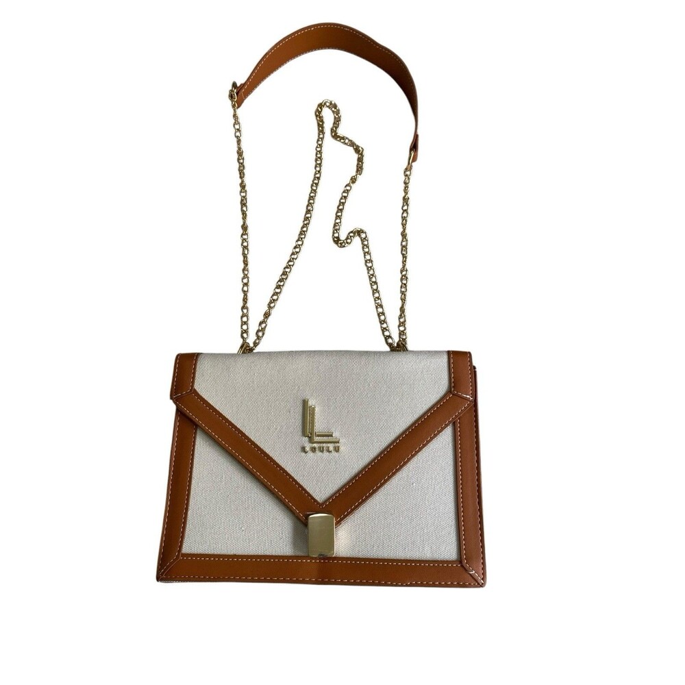 LouLu Canvas Faux Leather Crossbody Shoulder Bag Brown Beige Gold Chain NWOT